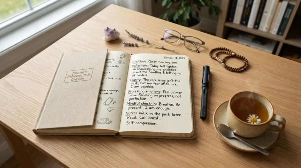 A person writing in a notebook, visually explaining the purpose of a journal for mental clarity, stress relief, and goal tracking.