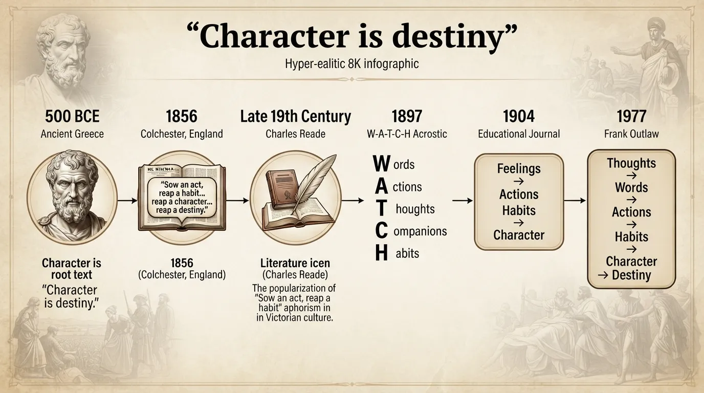An infographic timeline showing the historical evolution of the quote from Heraclitus in 500 BCE to Frank Outlaw in 1977, detailing early wording variations across different eras.