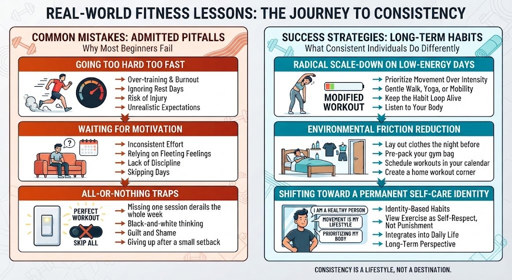 Infographic summarizing real people's insights and common mistakes on how to stick to a fitness routine based on community discussions.