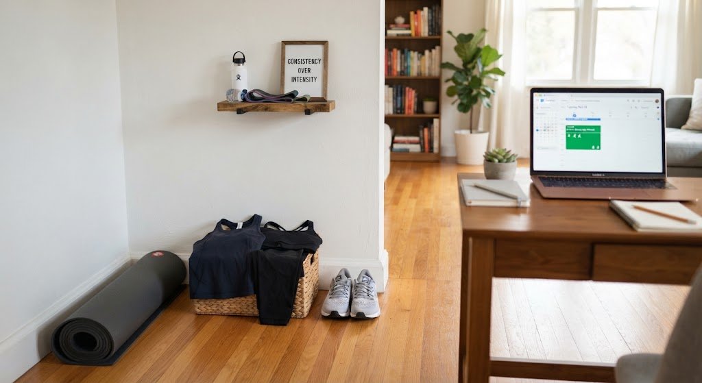 Fitness enthusiast organizing workout gear and setting up environmental triggers to stick to a routine.