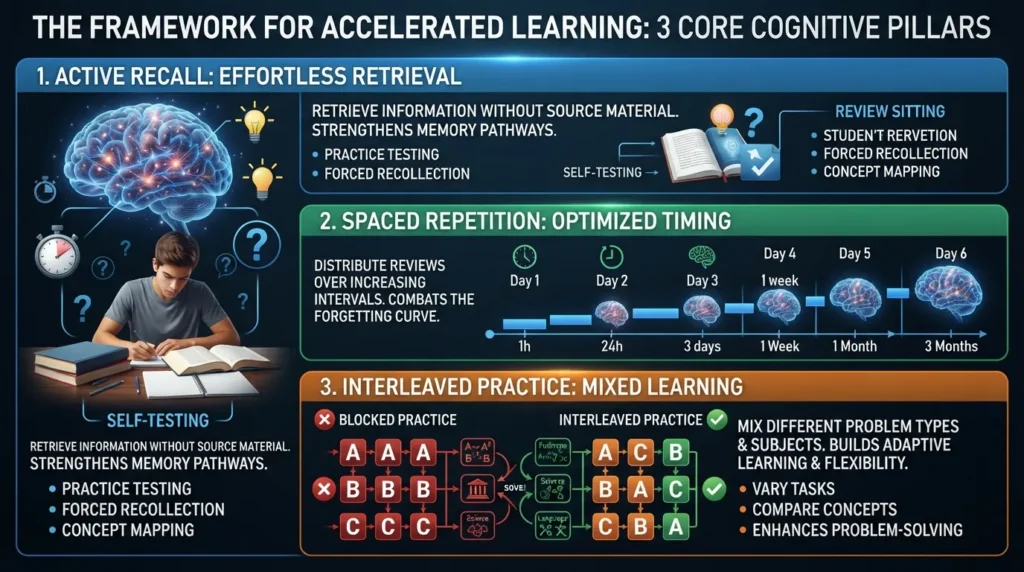 Infographic illustrating science-backed learning strategies for faster mastery, including spaced repetition, active recall, and interleaved practice.