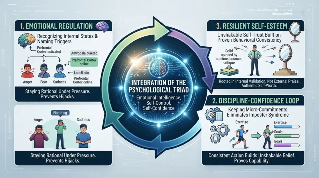 Diagram illustrating the psychological feedback loop connecting self-control, emotional intelligence, and self-confidence.