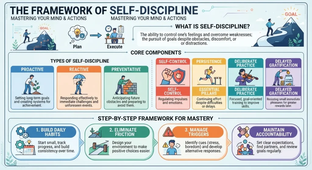 Infographic illustrating the definition, core types, essential pillars, and mastery steps of self-discipline.