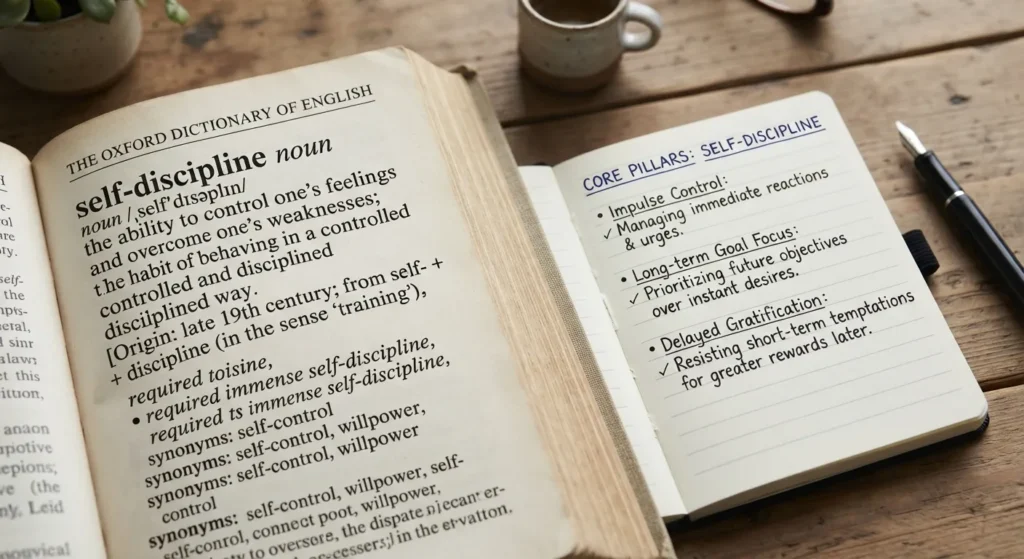 Dictionary pages open to the definition of self-discipline alongside a notebook containing notes on willpower, self-control, and personal accountability.