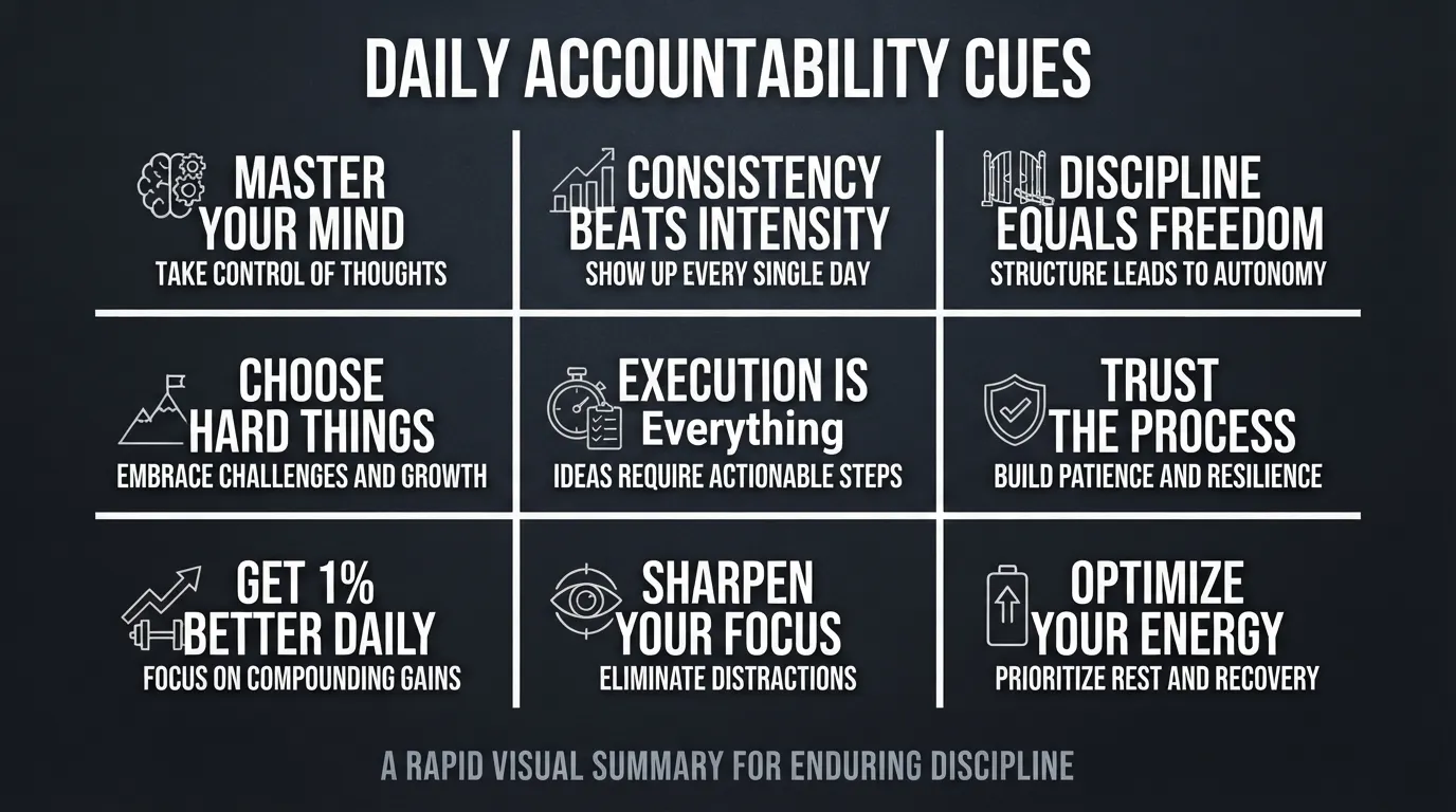 A typographic graphic displaying short, powerful three to four-word discipline quotes against a clean minimalist background to inspire focus and self-control.