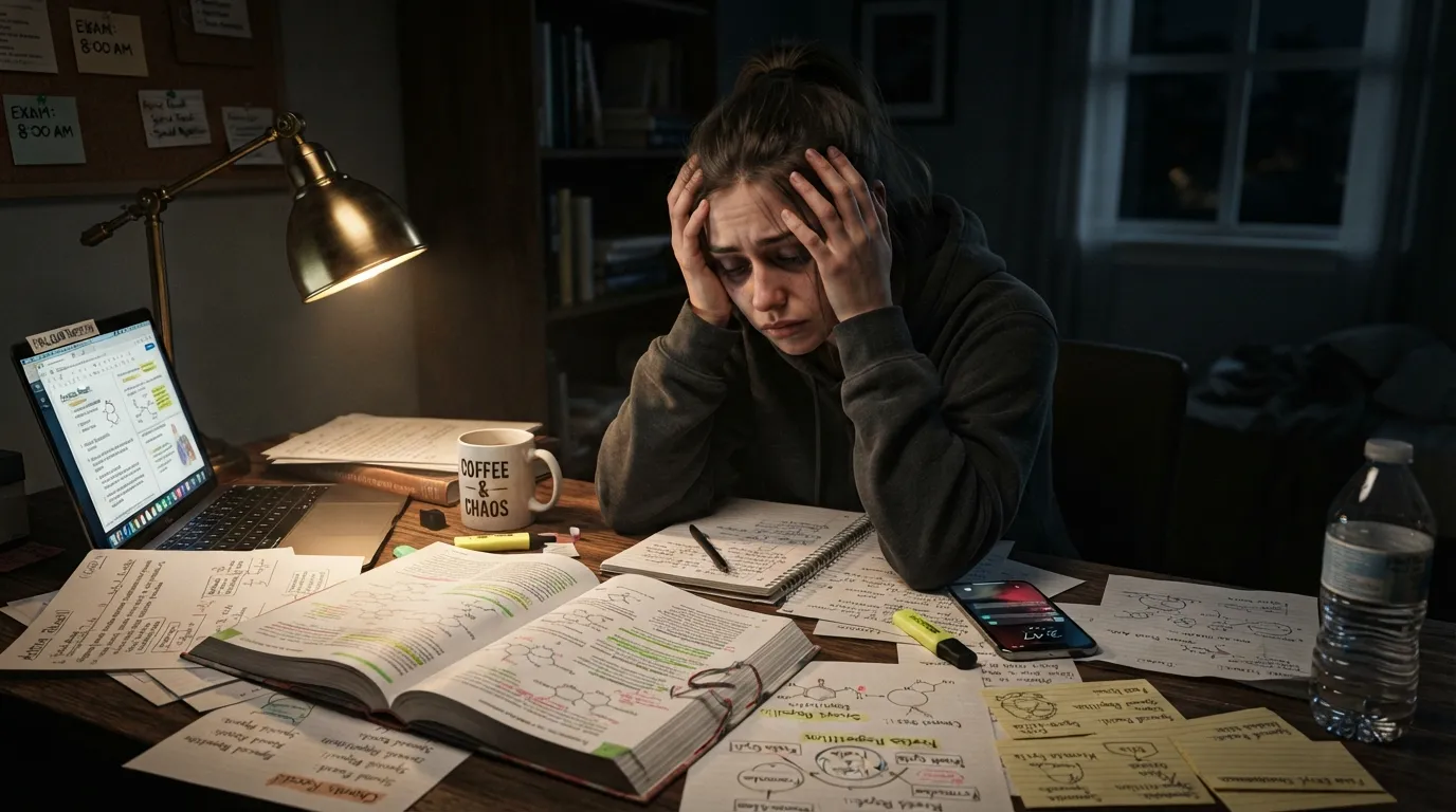 A stressed student looking at a textbook late at night under a desk lamp, illustrating the realities and drawbacks of cramming before an exam.
