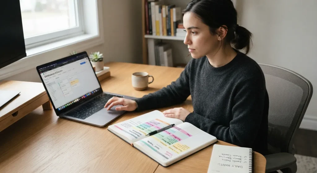 A focused professional working calmly at a clean desk, representing key traits of a highly disciplined person.