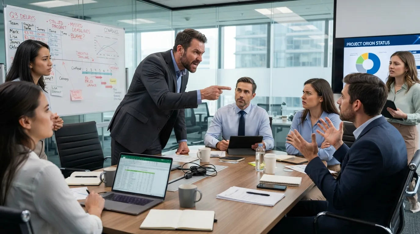 Professional showing signs of a lack of accountability by blaming others during a meeting, illustrating poor ownership and workplace red flags.