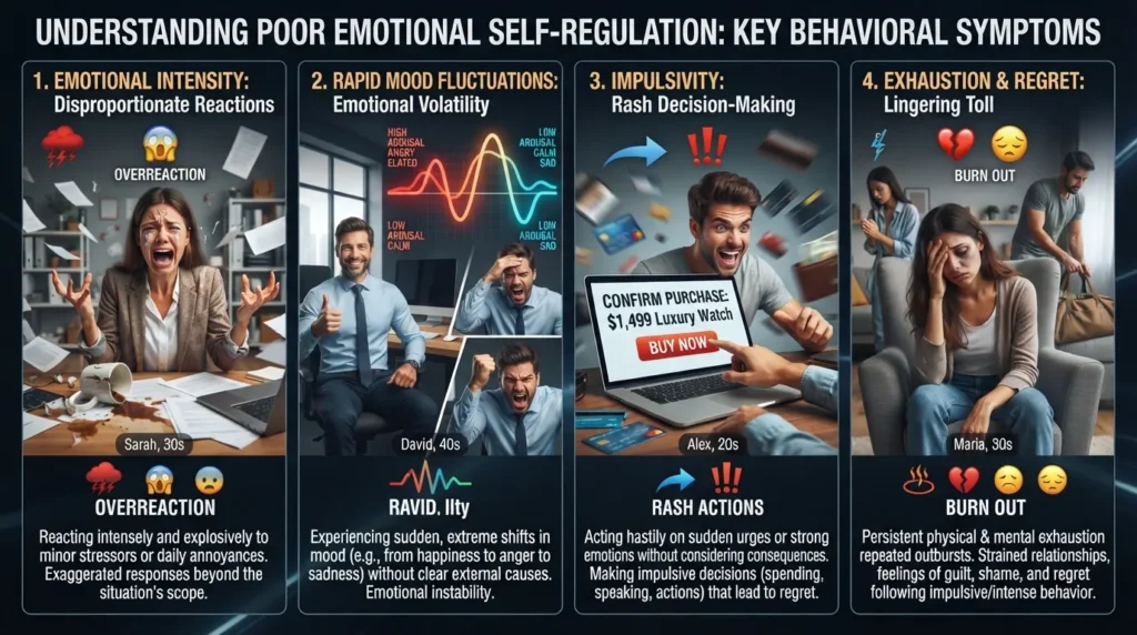 Infographic and illustrations showing common signs of poor emotional self-regulation, including sudden mood swings, impulsive reactions, and difficulty calming down.