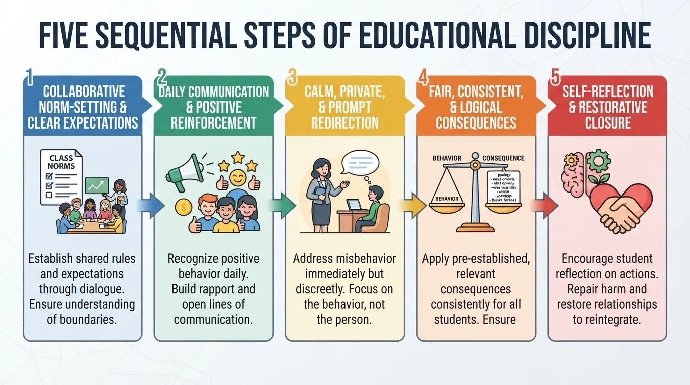 Flowchart showing the 5 steps of implementing discipline in education, from setting clear expectations to restorative closure.