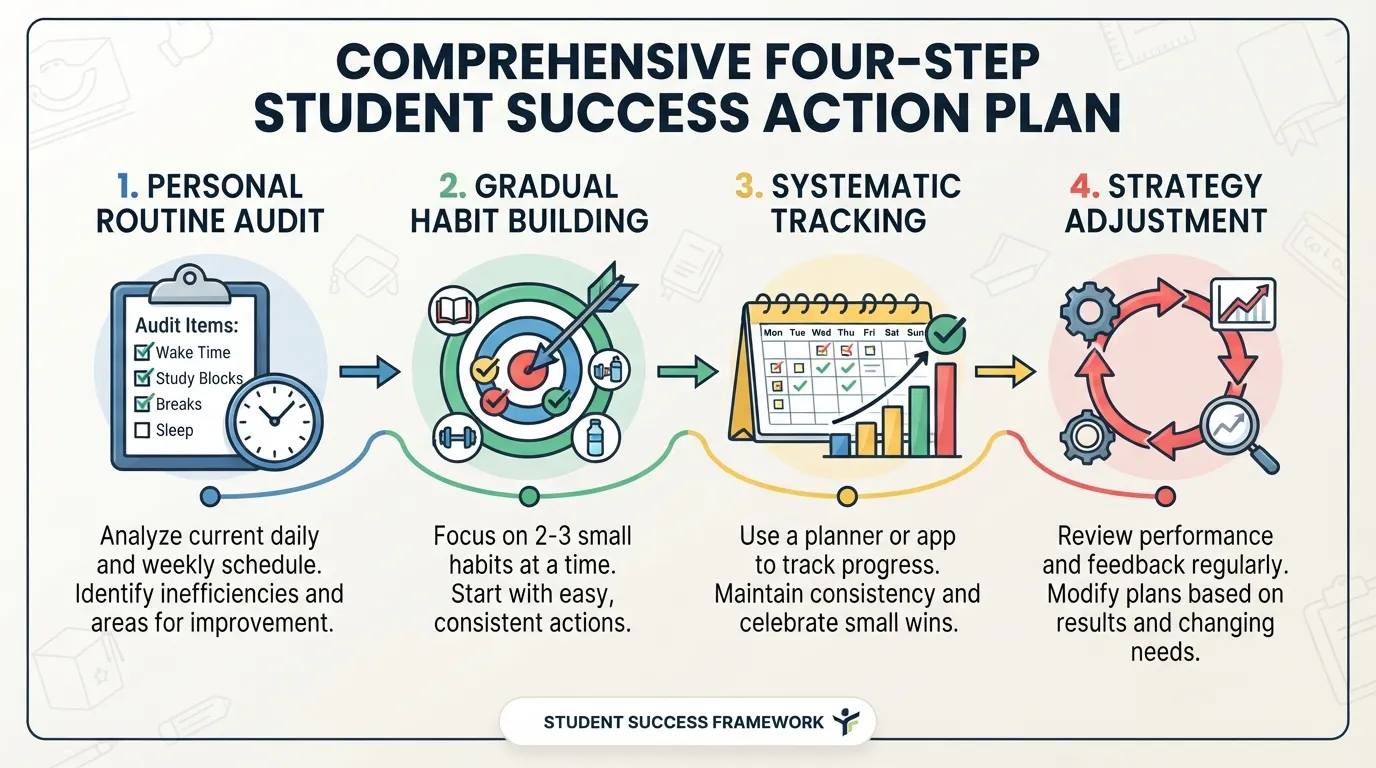 A step-by-step action plan roadmap for students showing how to audit routines, pick habits, and track weekly progress for academic success.