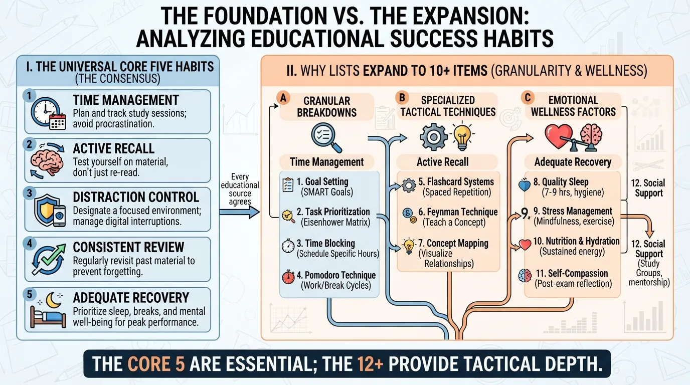 A comparative chart illustrating why different educational sources list varying numbers of student success habits, ranging from five core behaviors to twelve extended strategies.