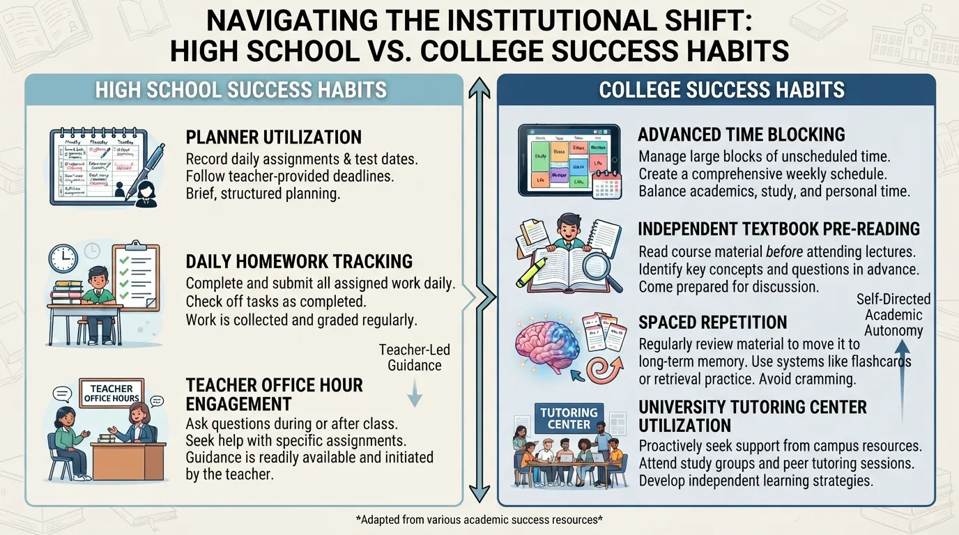 Comparison chart showing distinct student success habits for high school versus college students, highlighting independent learning and time management.