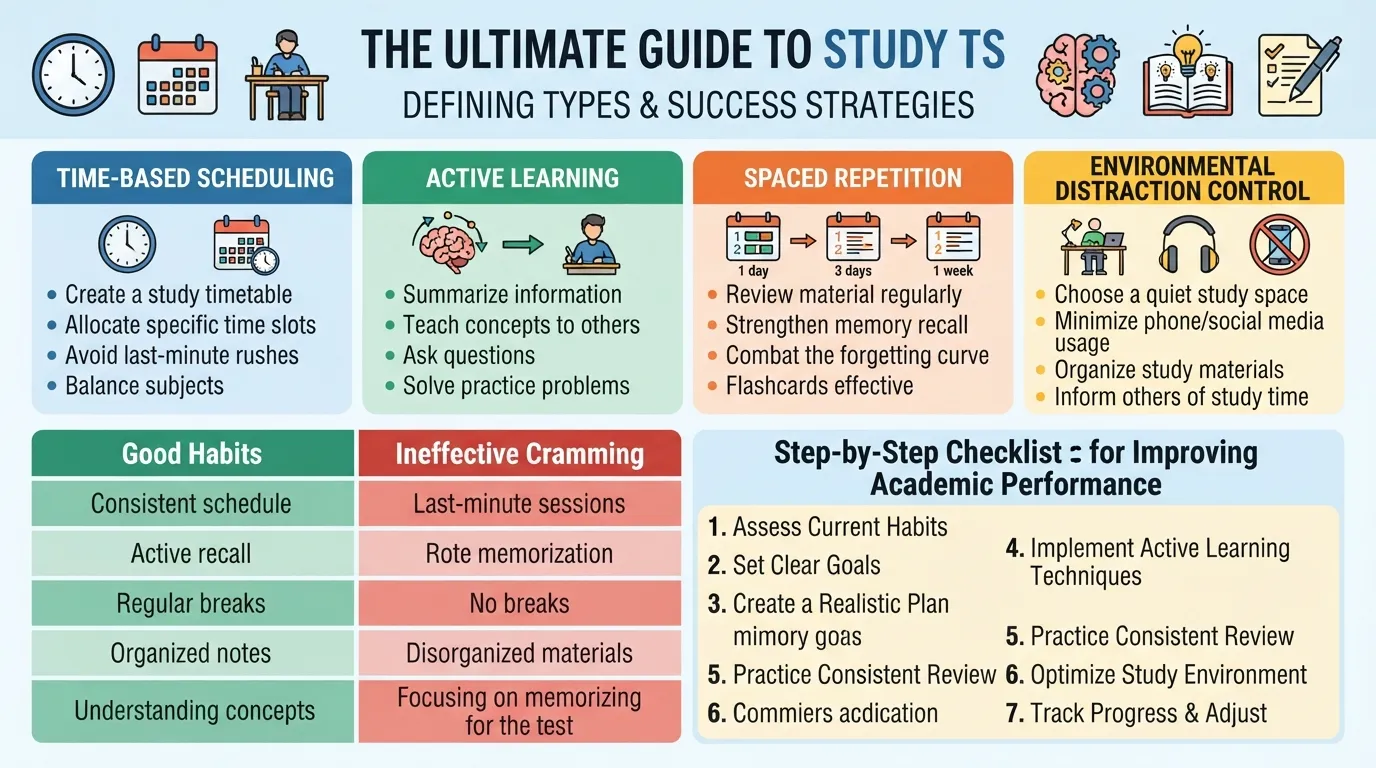 Infographic displaying study habits ultimate guide to definition types and success strategies for students