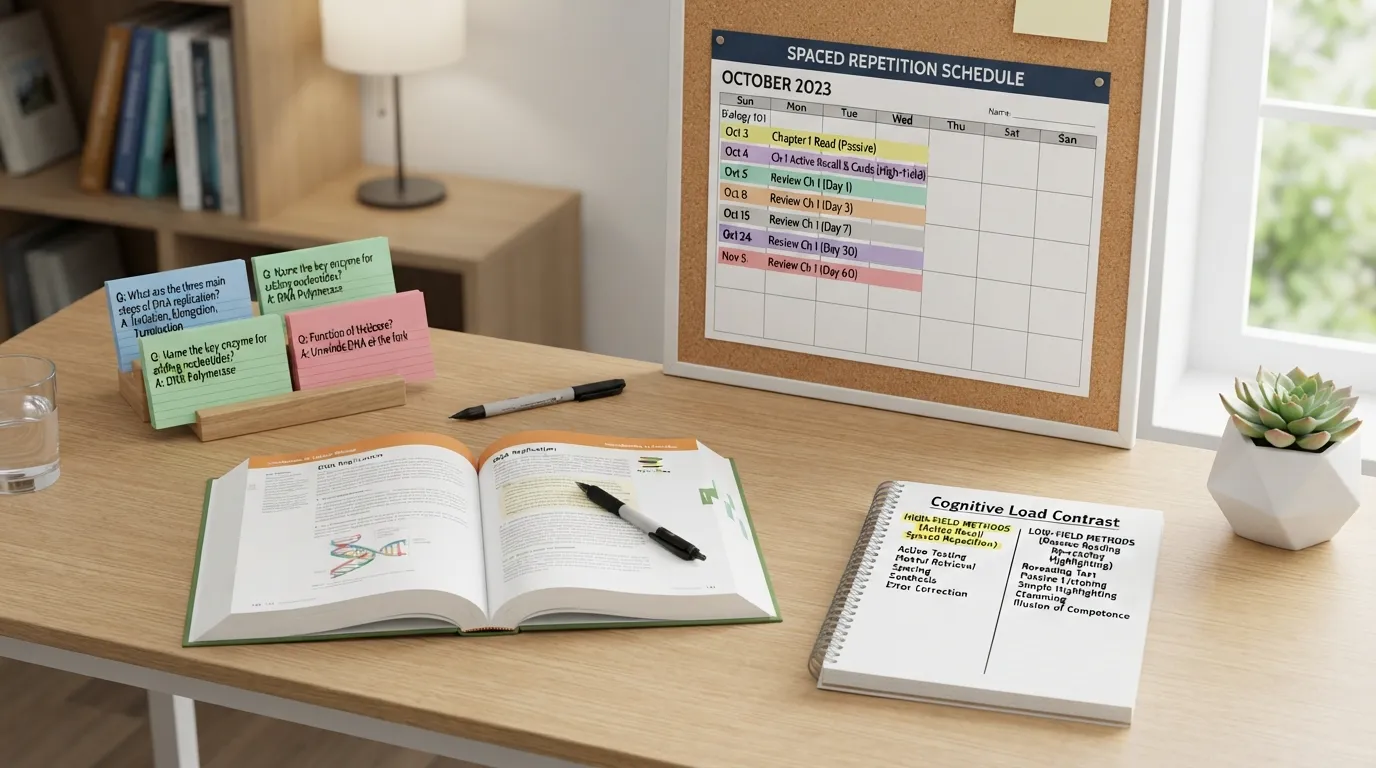 A student applying study skills like active recall and spaced repetition with flashcards and a notebook on a wooden desk.