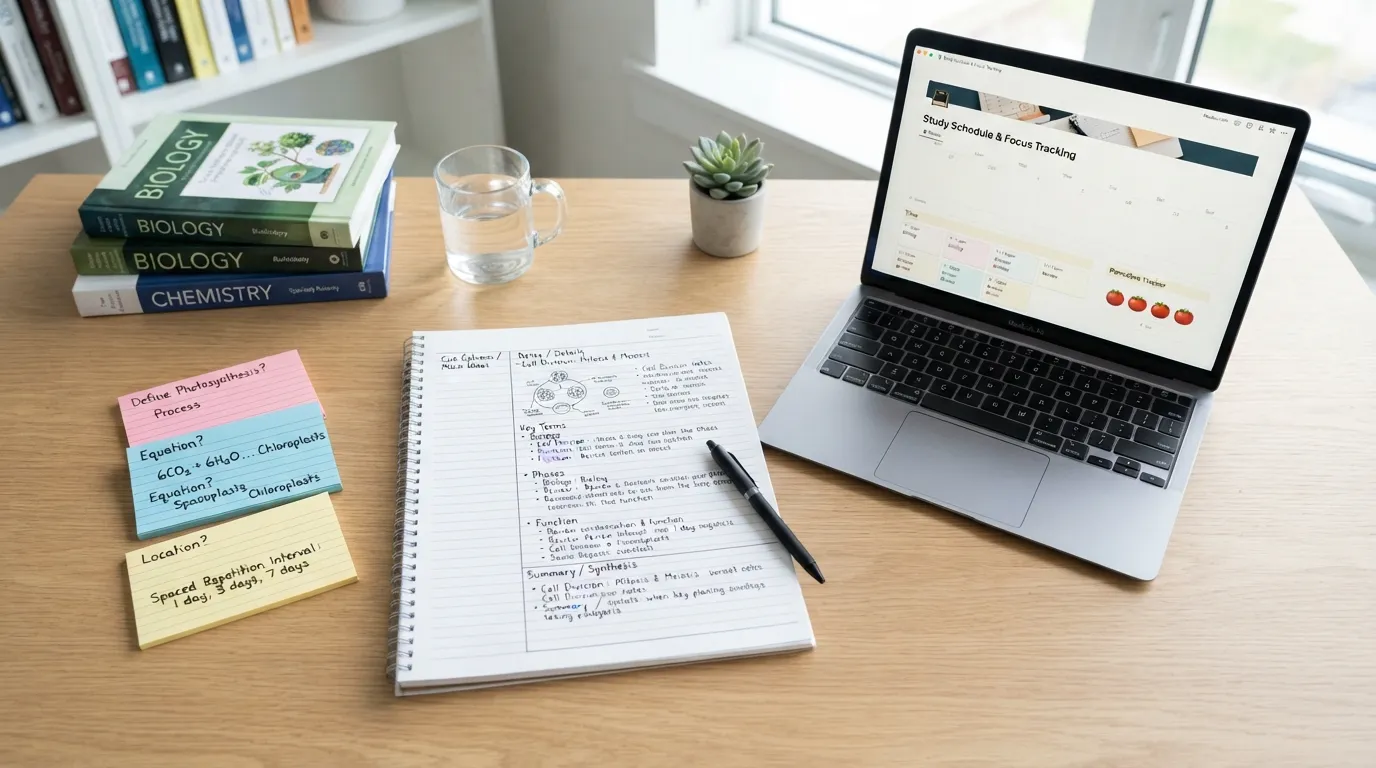 A clean, flat-lay workspace featuring structured study notes, colorful revision flashcards, and a laptop displaying study skills and learning strategies.