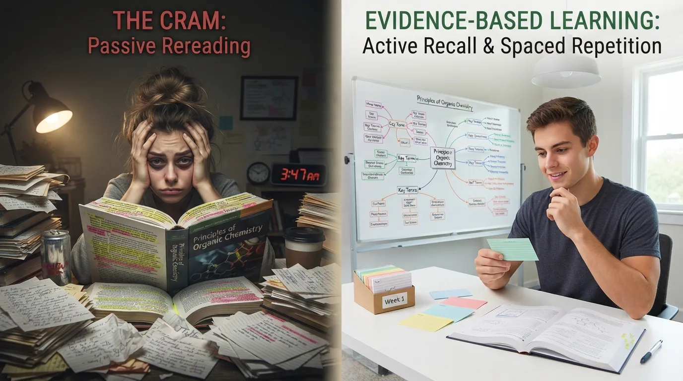 Two students demonstrating contrasting study habits, comparing ineffective passive rereading with effective active recall and practice testing.