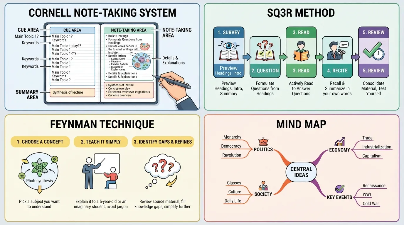 A student organizing study notes using the Cornell method and a mind map to improve comprehension.