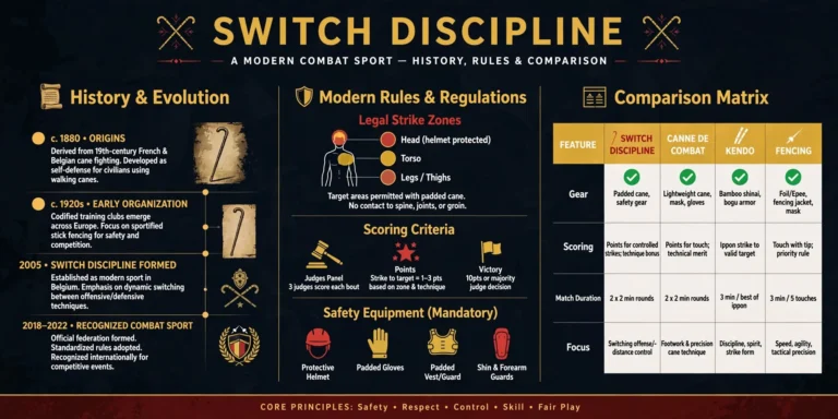 Comprehensive infographic showing a timeline of Switch Discipline history, modern rules, and martial arts alternatives on a clean background.
