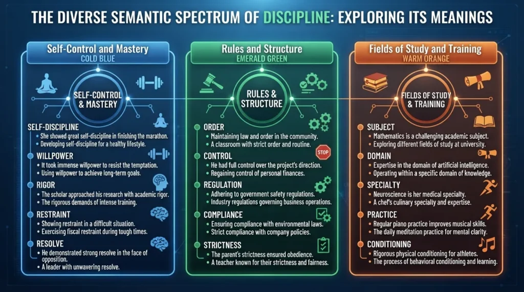 Comprehensive visual guide listing top synonyms and alternative meanings for the word discipline, categorized by self-control, punishment, and field of study.