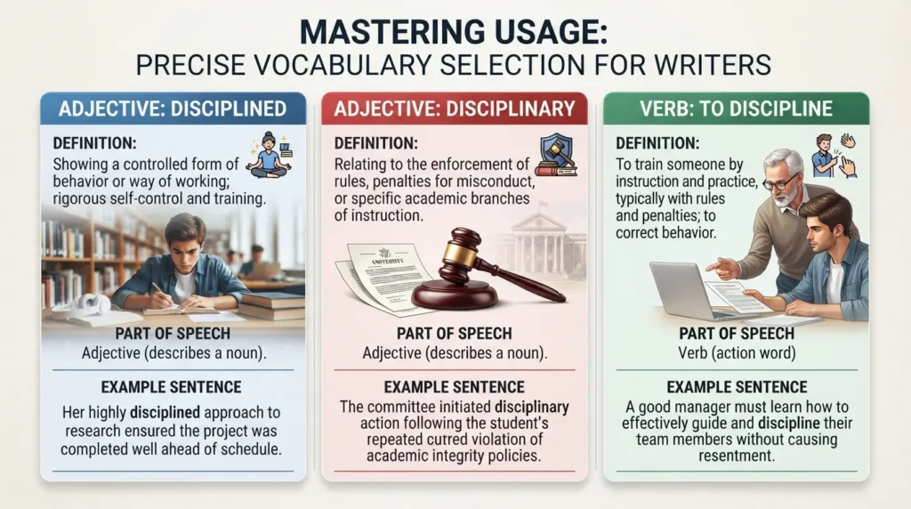 Infographic chart comparing the definitions and parts of speech for the related word forms disciplined, disciplinary, and to discipline.