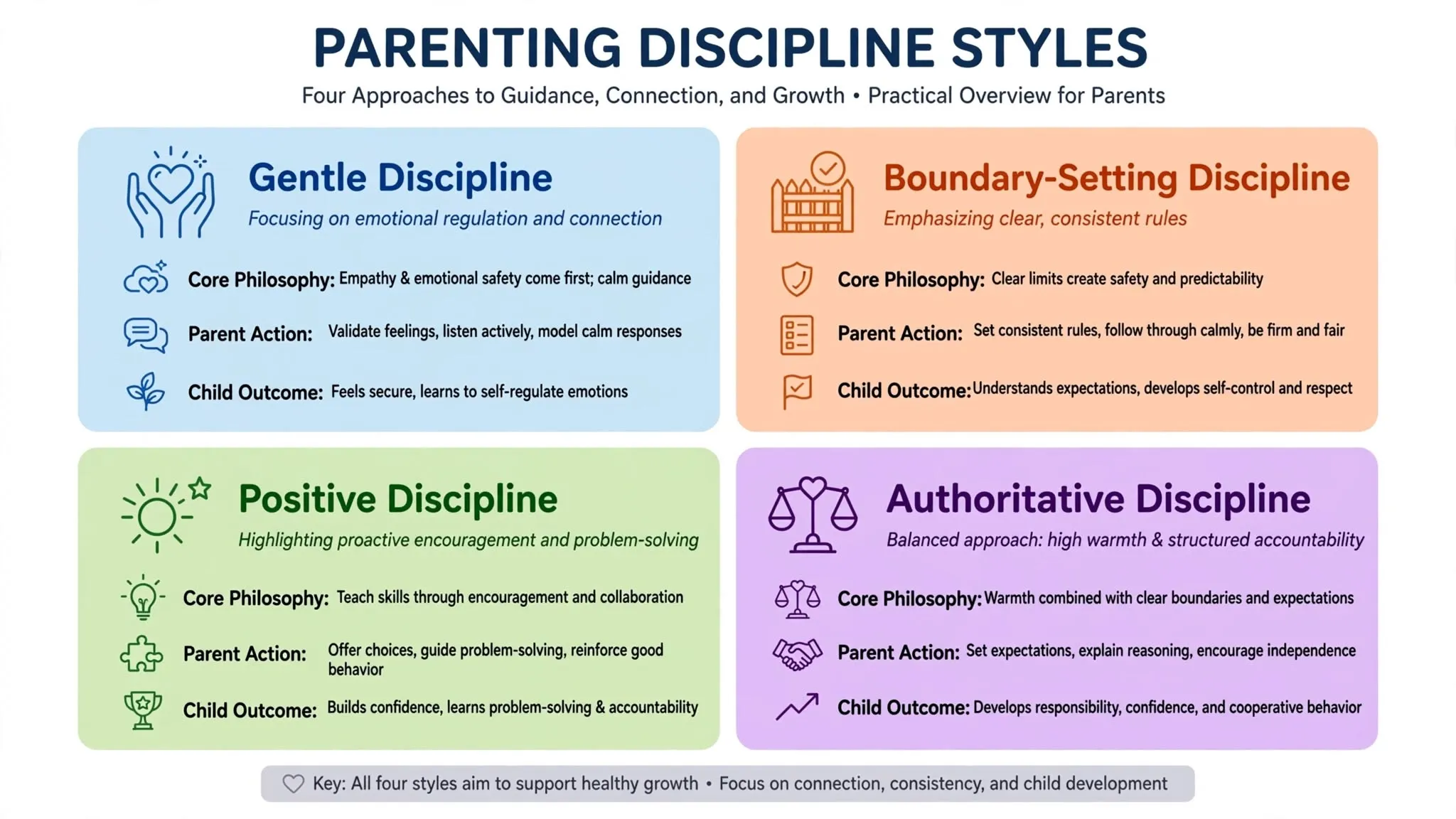 Infographic chart outlining the four main types of discipline for parents: gentle, boundary-setting, positive, and authoritative approaches.