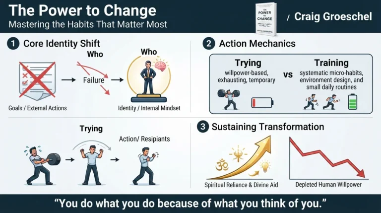 A high-resolution visual overview of Craig Groeschel's book The Power to Change showing the three-part framework: Internal Identity, Systematic Training, and Divine Reliance.