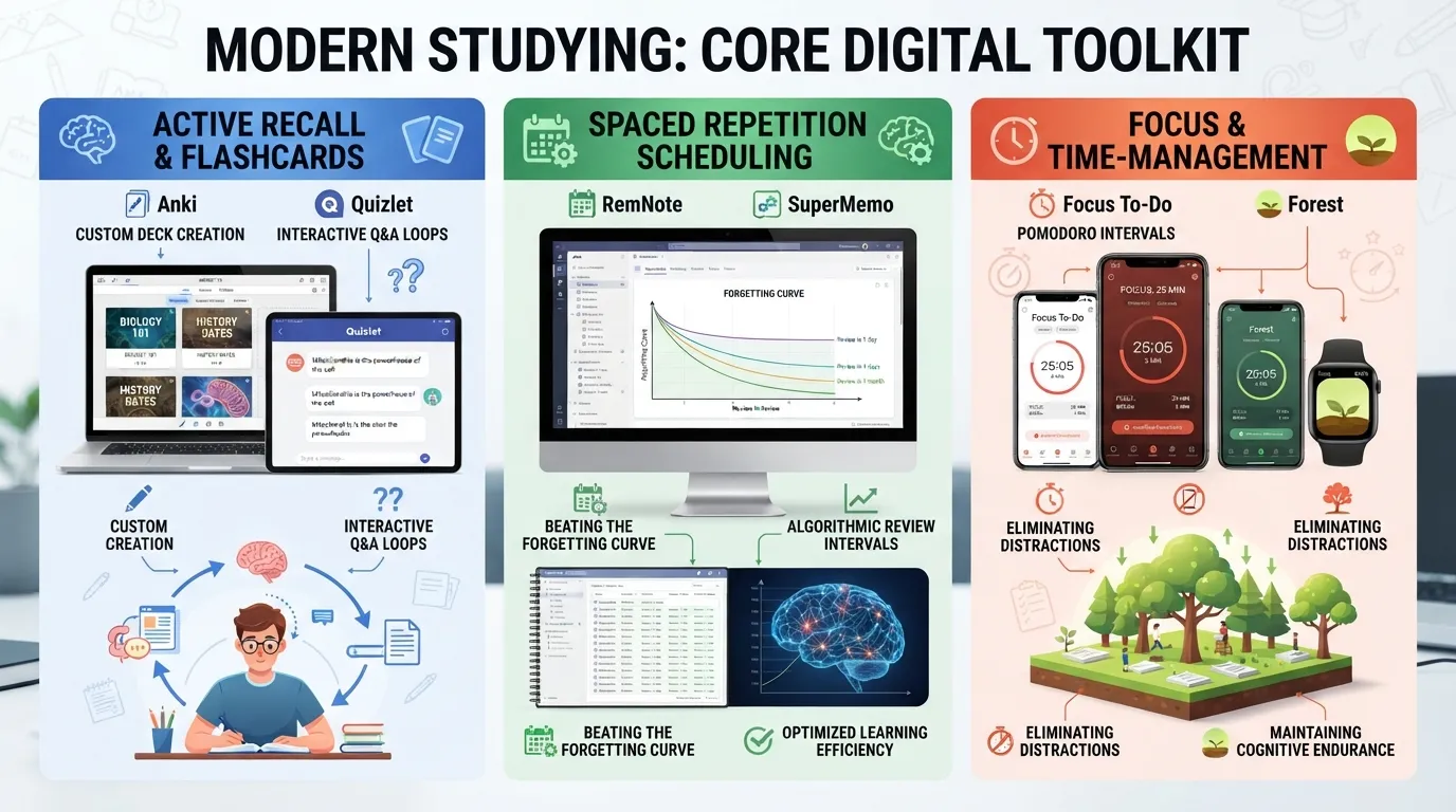 A digital dashboard showcasing flashcard applications and time-management study tools used to apply learning techniques.