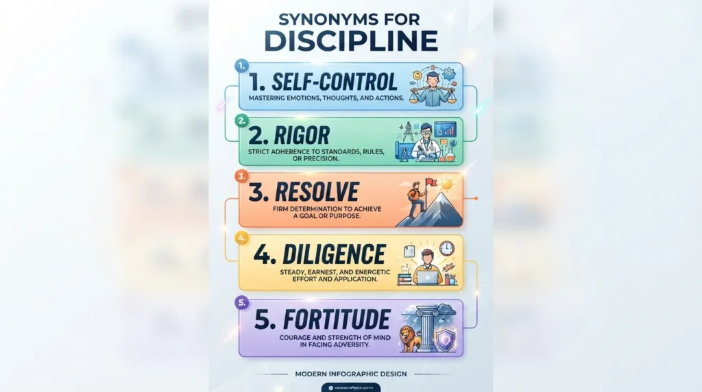 Infographic listing the top five strongest synonyms for discipline with clear visual context for improving focus and self-control.