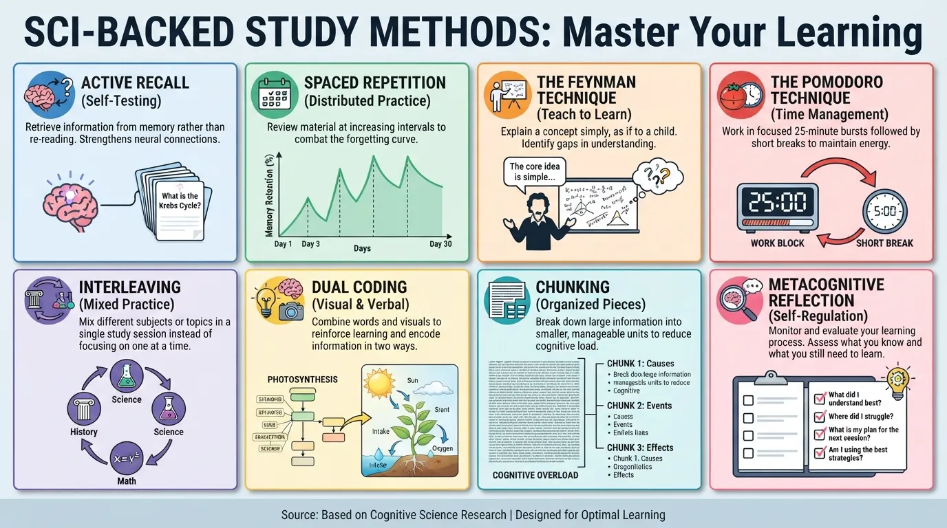 An infographic displaying top science-backed study methods including active recall, spaced repetition, and the Pomodoro technique.