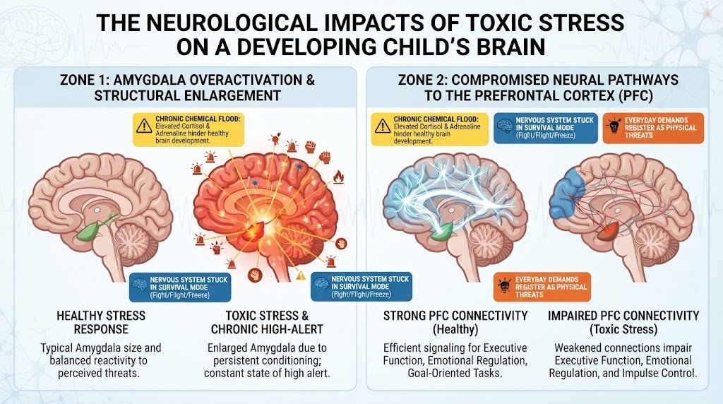 A medical illustration showing how toxic stress and childhood adversity impact brain development by enlarging the amygdala and weakening prefrontal cortex connections.