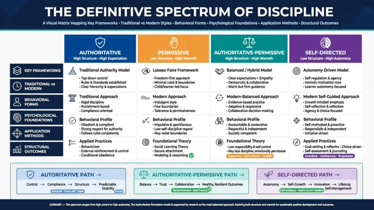 An infographic comparing different types of discipline, illustrating various styles, frameworks, and behavioral forms side-by-side.