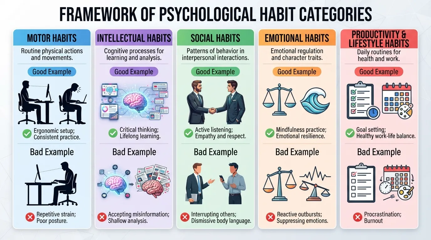 Infographic illustrating the 5 major types of habits in psychology: motor, intellectual, social, emotional, and productivity habits.