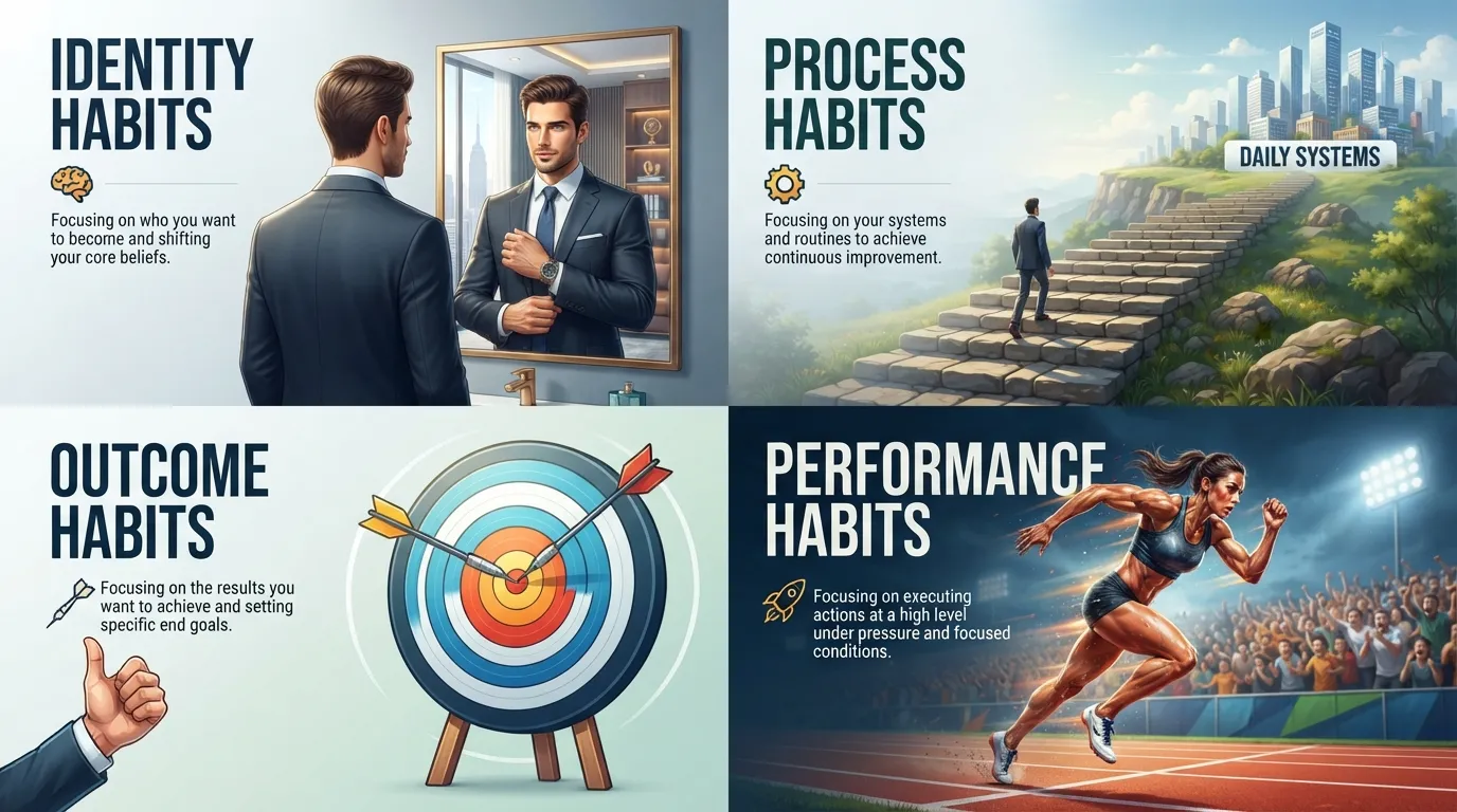 An infographic illustrating the four categories of habits: identity, process, outcome, and performance habits.