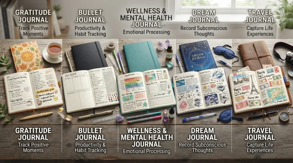 A collection of different types of journals including a gratitude journal, bullet journal, and wellness notebook laid out on a clean desk.