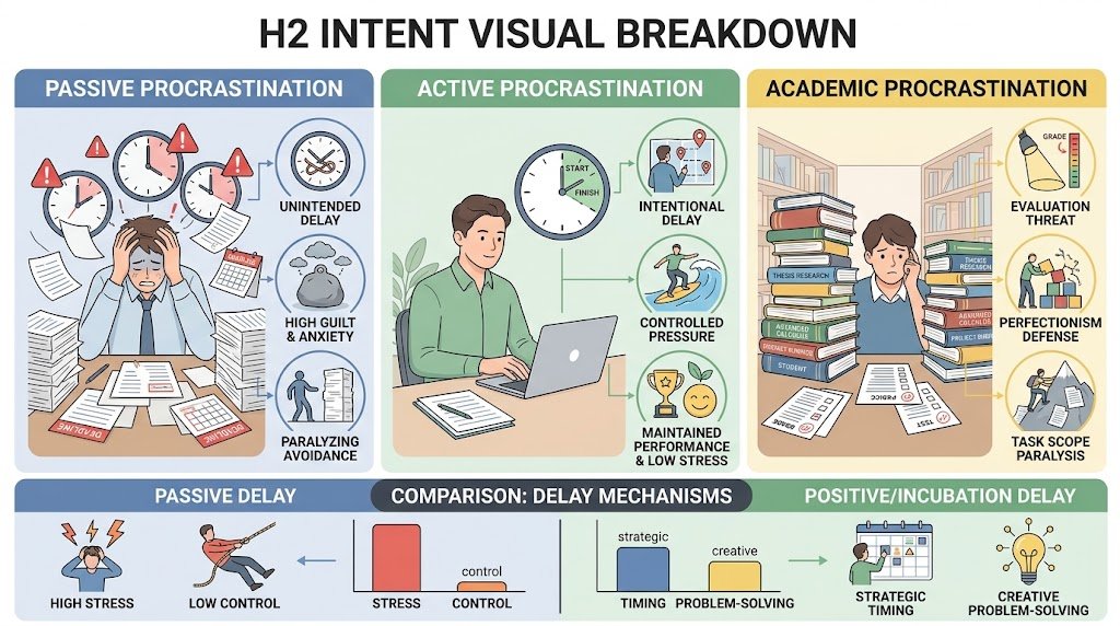 An infographic explaining different types of procrastination, comparing passive procrastination, active procrastination, and academic procrastination as a coping mechanism.
