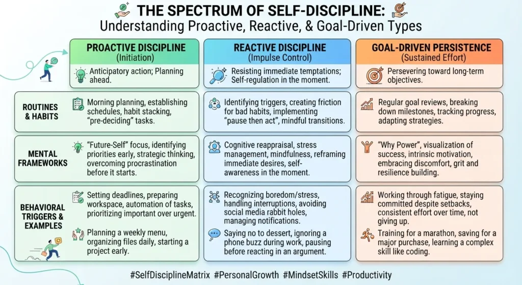 Infographic categorizing the different types of self-discipline including proactive, reactive, reactive-proactive hybrid, and long-term goal-oriented habits.