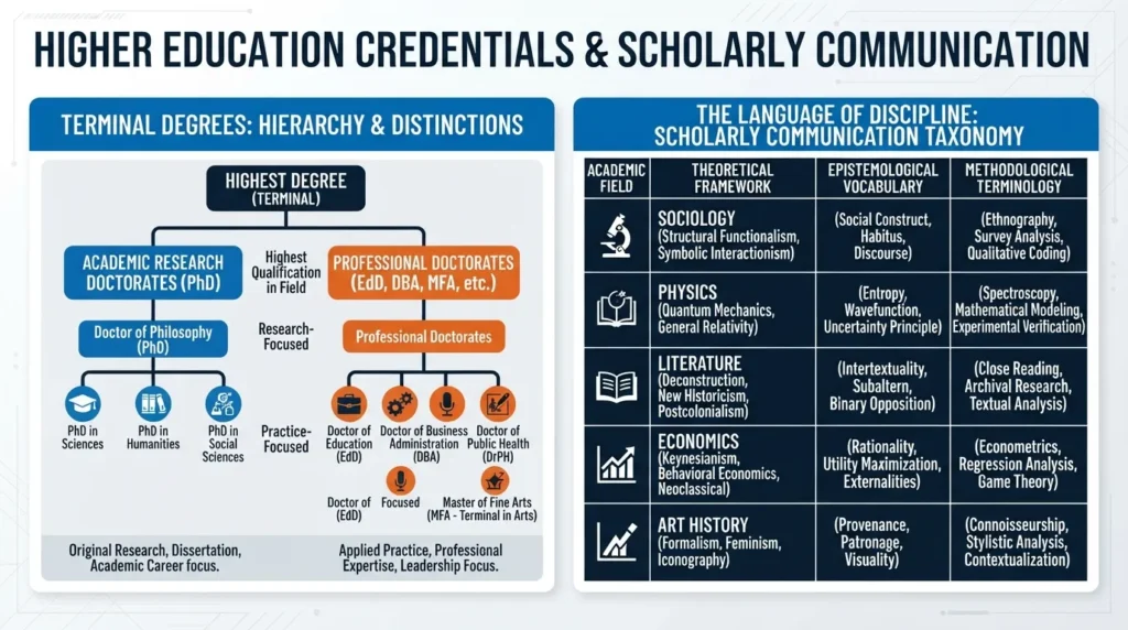 Infographic chart comparing terminal degrees like PhDs and professional doctorates alongside a glossary of academic terminology and discipline-specific language.