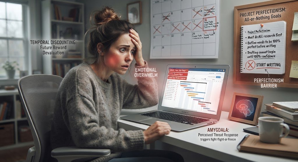 A person sitting at a desk looking overwhelmed by a laptop screen, visually representing executive dysfunction, anxiety, and the root causes of procrastination.