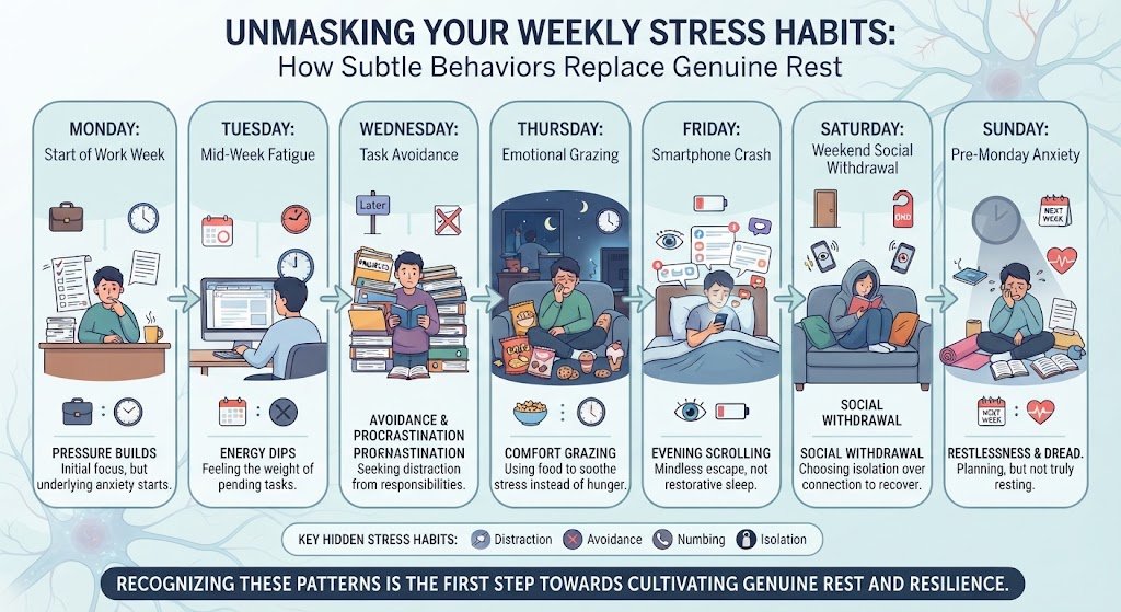 Infographic illustrating real-life examples of unhealthy stress coping mechanisms in a normal week, including doomscrolling, emotional eating, and isolation.