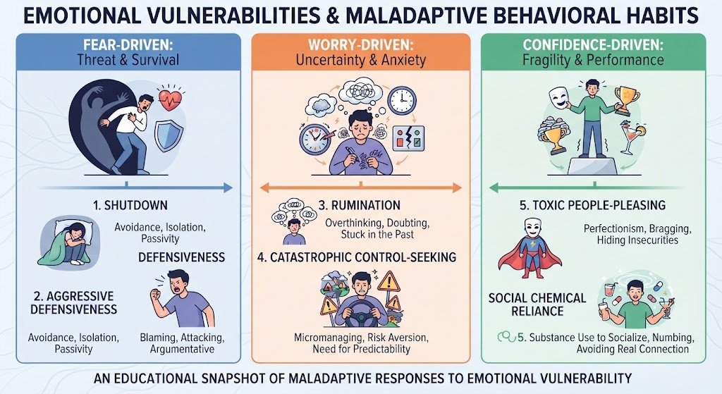 Infographic depicting emotional coping patterns, showing how people use avoidance for fear, overthinking for worry, and people-pleasing for confidence issues.