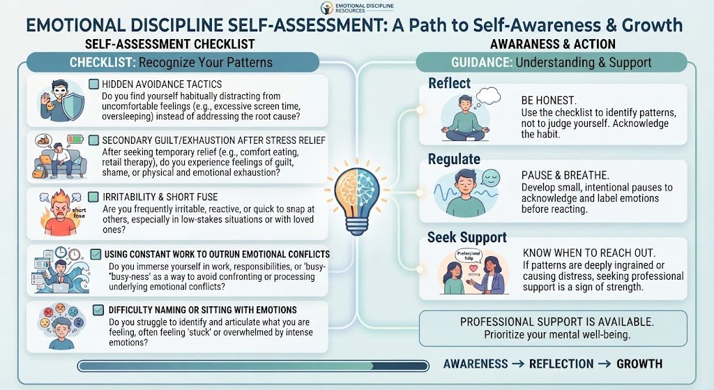 Self-reflection checklist infographic helping users identify warning signs of unhealthy stress coping mechanisms in their daily routines.