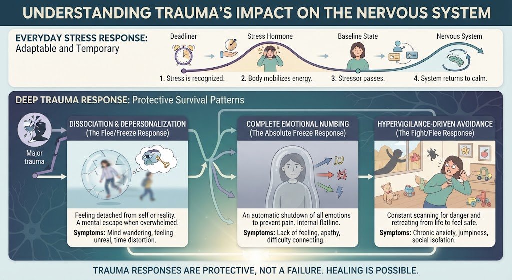 Educational infographic illustrating trauma-related unhealthy coping mechanisms, including dissociation, emotional numbing, and hypervigilance-driven avoidance.