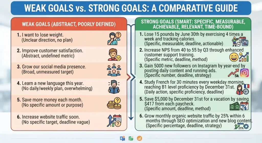 Side-by-side comparison chart contrasting vague, unmeasurable weak goals with specific, actionable strong goals using real-world examples.