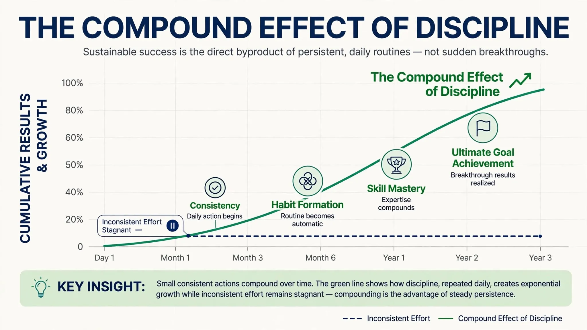 Infographic illustrating how daily habits and consistent discipline compound into long-term personal and professional success over time.