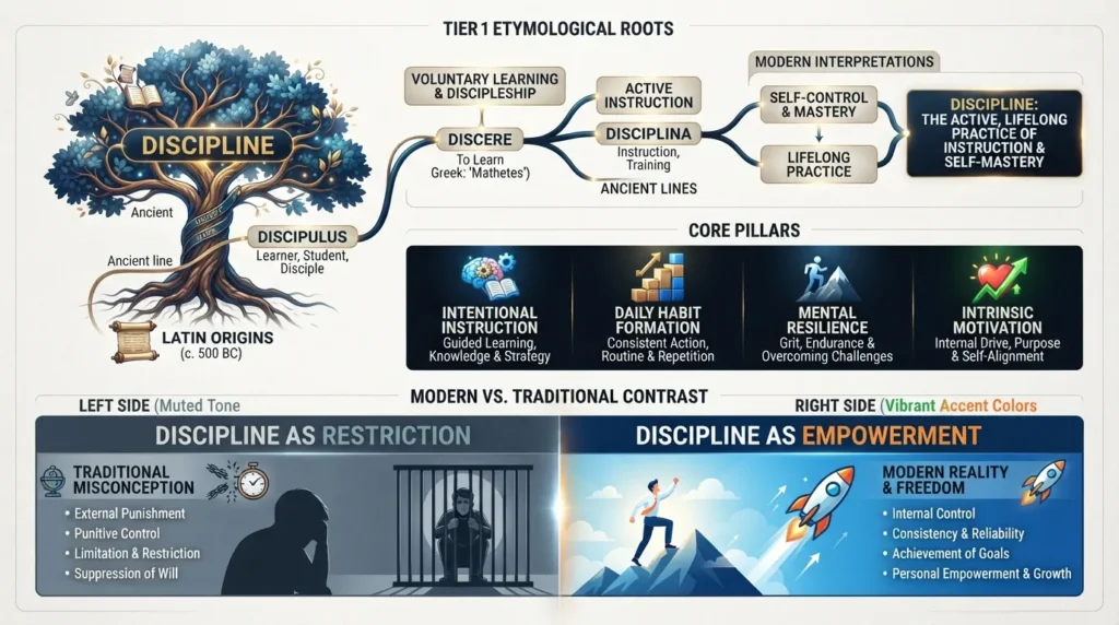 Detailed infographic breaking down the true etymology and core philosophy of the Latin root for disciplina, illustrating how it connects teaching, learning, and self-mastery.