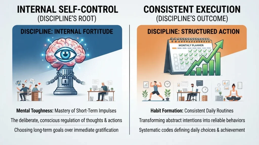 Infographic illustrating the quick definition and core meaning of discipline through structured daily habits and goal-setting icons.