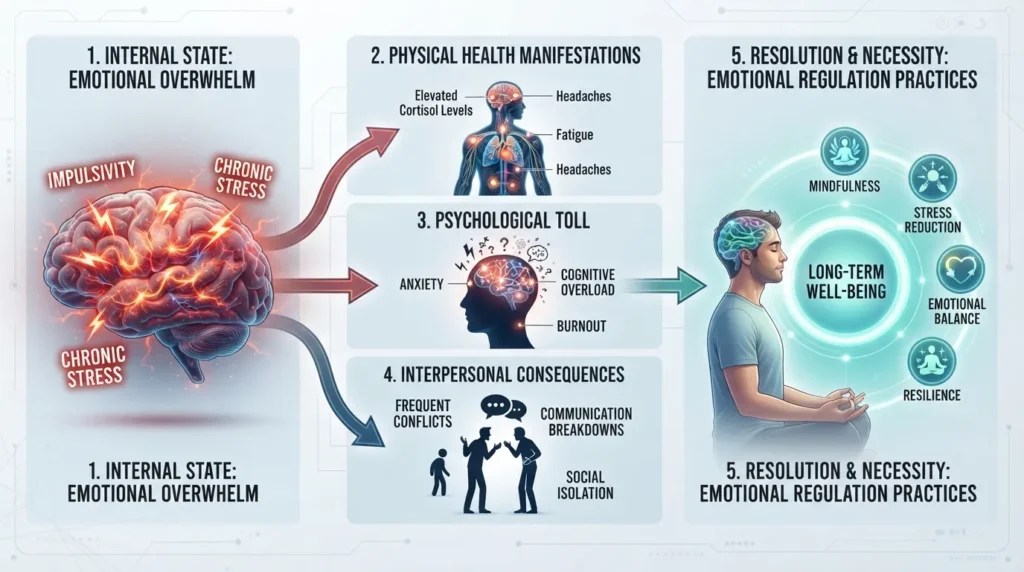 An infographic flow chart illustrating the mental, physical, and social consequences of unregulated emotions, showing pathways from chronic emotional dysregulation to stress, strained relationships, and burnout.