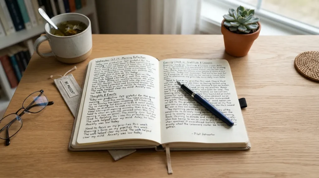 A person writing in a personal daily journal notebook with a pen on a clean wooden desk, representing mindful daily reflection and thought organization.
