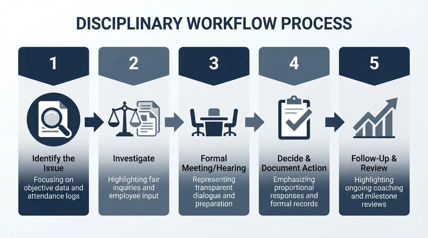 Step-by-step flowchart illustrating the workplace disciplinary process from identifying the issue and investigating to formal hearings, documenting actions, and reviewing follow-ups.